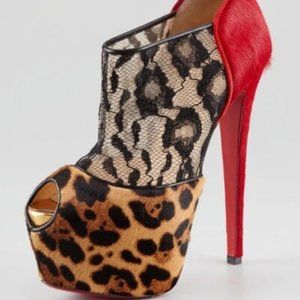 Christian Louboutin AERONOTOC Leopard Calf Hair Lace Platform Bootie Shoes